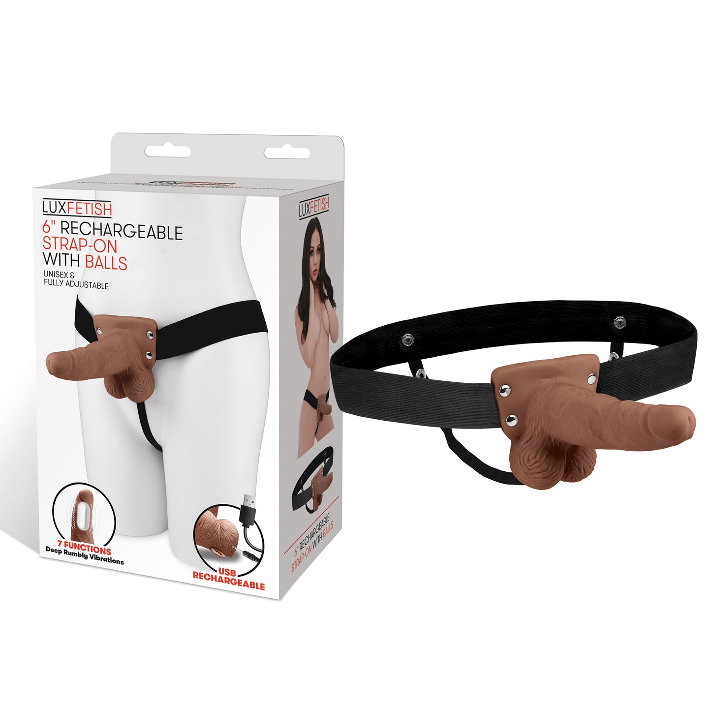 Lux Fetish 6" Rechargeable Strap-on With Balls - Brown