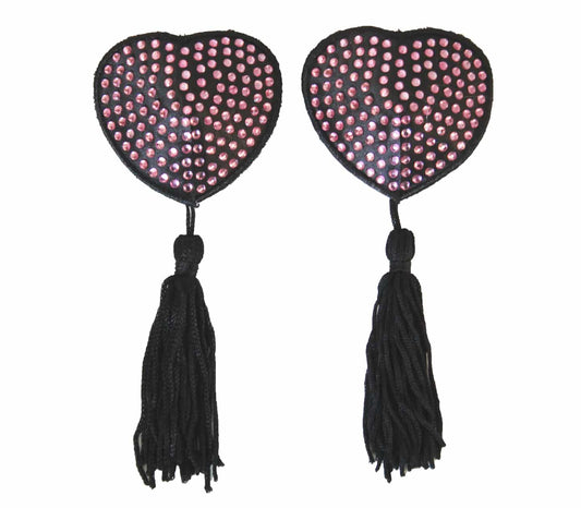 Love In Leather Heart Shape Nipple Tassels With Rhinestones - MULTIPLE COLOURS