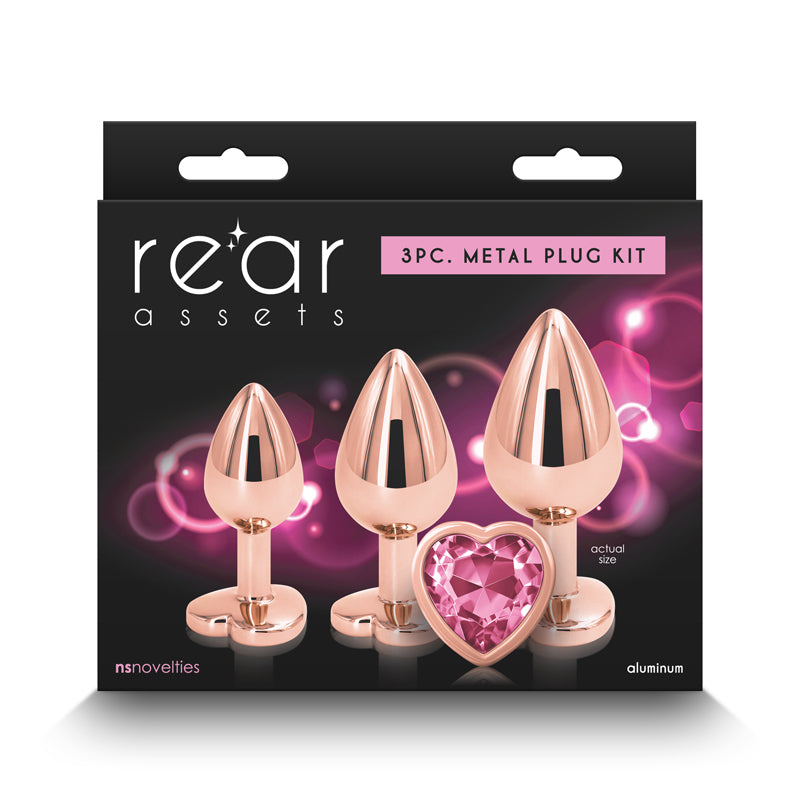 NS Novelties | Rear Assets Trainer Kit - Rose Gold Metallic Butt Plugs with Pink Hearts - Set of 3 Sizes