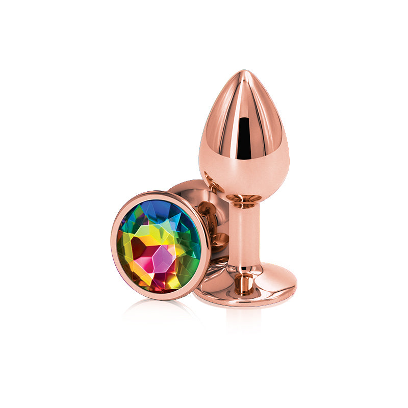 NS Novelties | Rear Assets Rose Gold Small Metal Butt Plug with Rainbow Gem Base