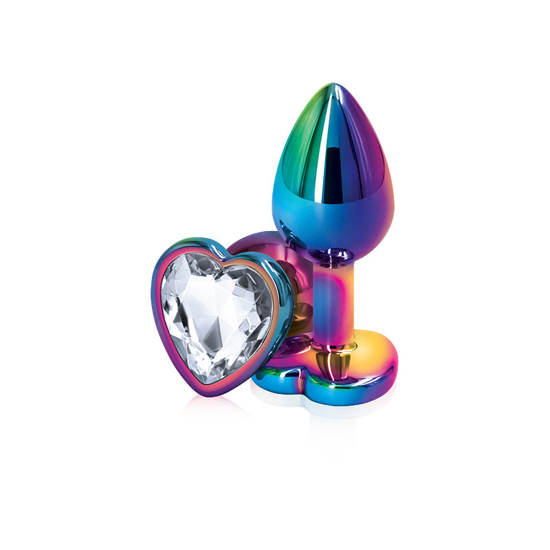 NS Novelties | Rear Assets Multi Coloured Small Metal Butt Plug with Clear Heart Gem Base