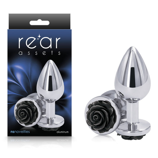 NS Novelties | Rear Assets Rose - Medium - Chrome 7.6cm Metal Butt Plug with Black Rose Base