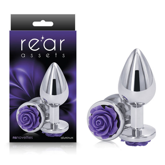 NS Novelties | Rear Assets Rose - Medium - Chrome 7.6cm Metal Butt Plug with Purple Rose Base