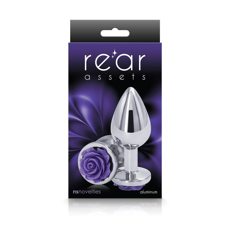 NS Novelties | Rear Assets Rose - Medium - Chrome 7.6cm Metal Butt Plug with Purple Rose Base