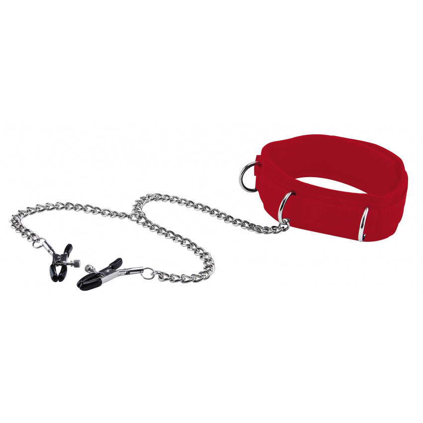 Shots Toys | OUCH! Velcro Collar with Nipple Clamps Red