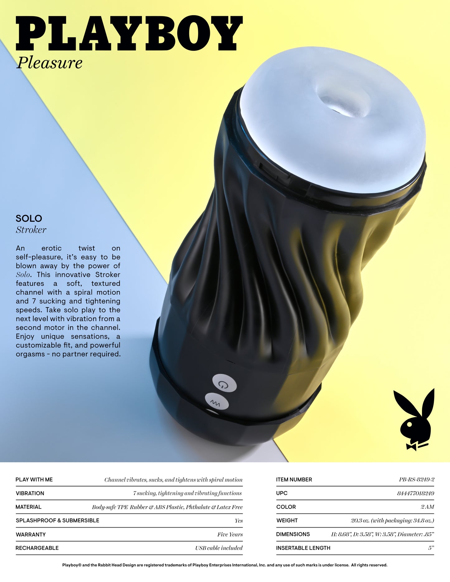 Playboy Pleasure SOLO USB Rechargeable Vibrating and Sucking Stroker Masturbator