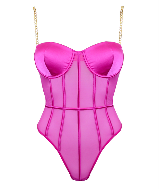 Muse Lingerie Soft Pink Mesh Bodysuit with Gold Chain Straps PL011PNK Size S/M/L/XL