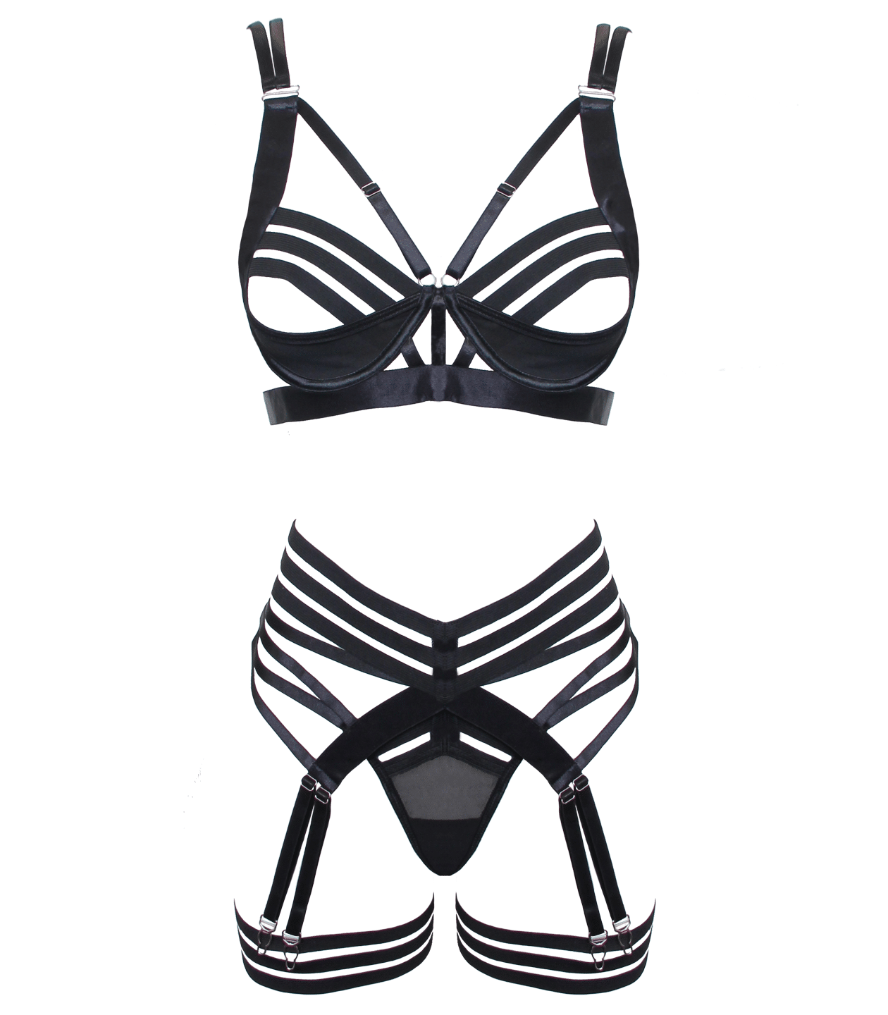 Muse Lingerie 4 Piece Bra, G-String, Garter Belt, Two Leg Straps Set Black Size S/M/L