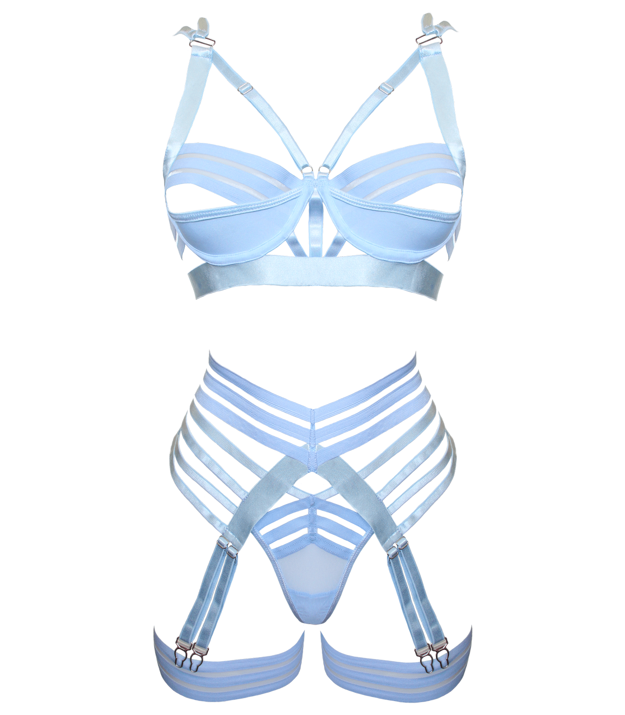 Muse Lingerie 4 Piece Bra, G-String, Garter Belt, Two Leg Straps Set Blue Size S/M/L
