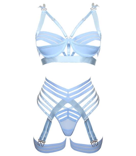 Muse Lingerie 4 Piece Bra, G-String, Garter Belt, Two Leg Straps Set Blue Size S/M/L