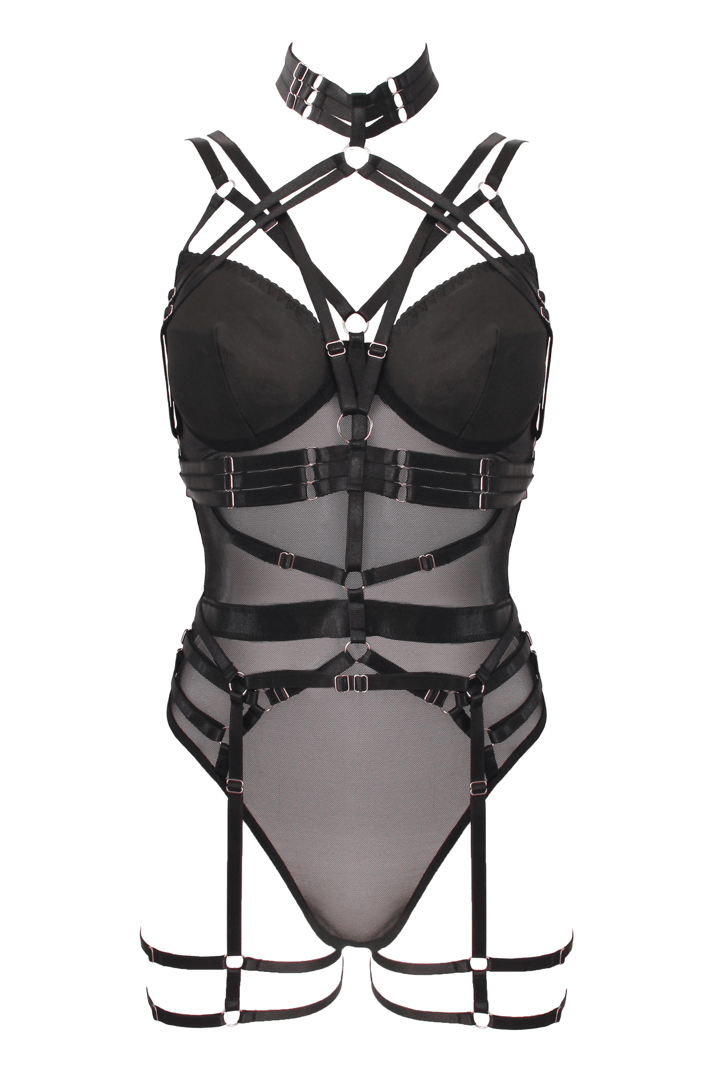 Muse Lingerie 3 Piece Bodysuit With Elastic Brace Top And Garter Belt Black Size S/M/L