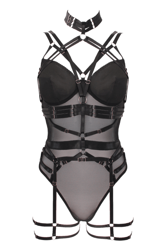 Muse Lingerie 3 Piece Bodysuit With Elastic Brace Top And Garter Belt Black Size S/M/L