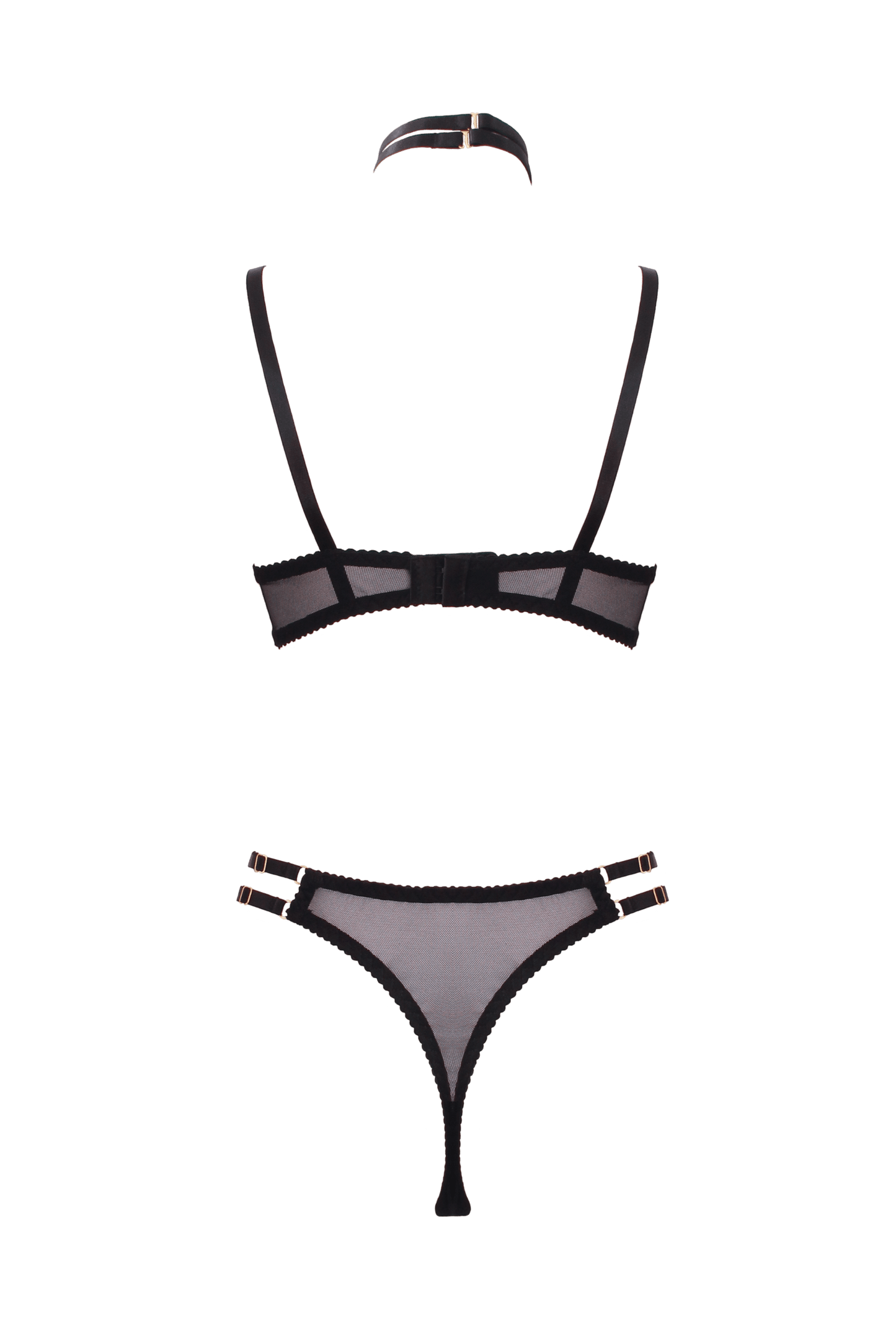 Muse Lingerie 3 Piece Peek-a-Boo Bra And Panty Set With Elastic Choker Black Size S/M/L