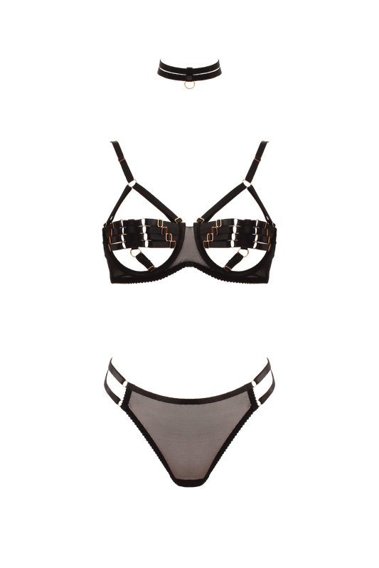 Muse Lingerie 3 Piece Peek-a-Boo Bra And Panty Set With Elastic Choker Black Size S/M/L