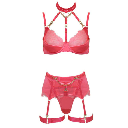 Muse Lingerie 5 Piece Set Harness Bra, G-String, Garter Belt, 2x Thigh Bands Pink - Size S/M/L/XL
