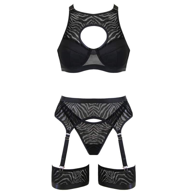 Muse Lingerie 5 Piece Mesh Lingerie Set with A Velvet-Flocked Zebra Print Size S/M/L