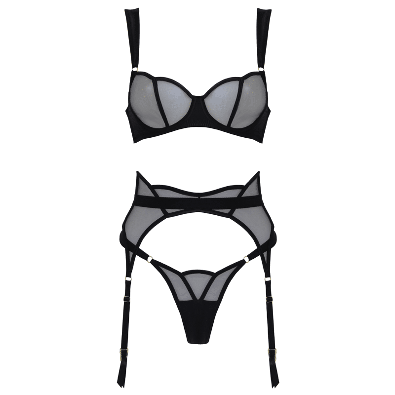 Muse Lingerie 3 Piece Sheer Mesh & Satin Lingerie Set Black Size S/M/L