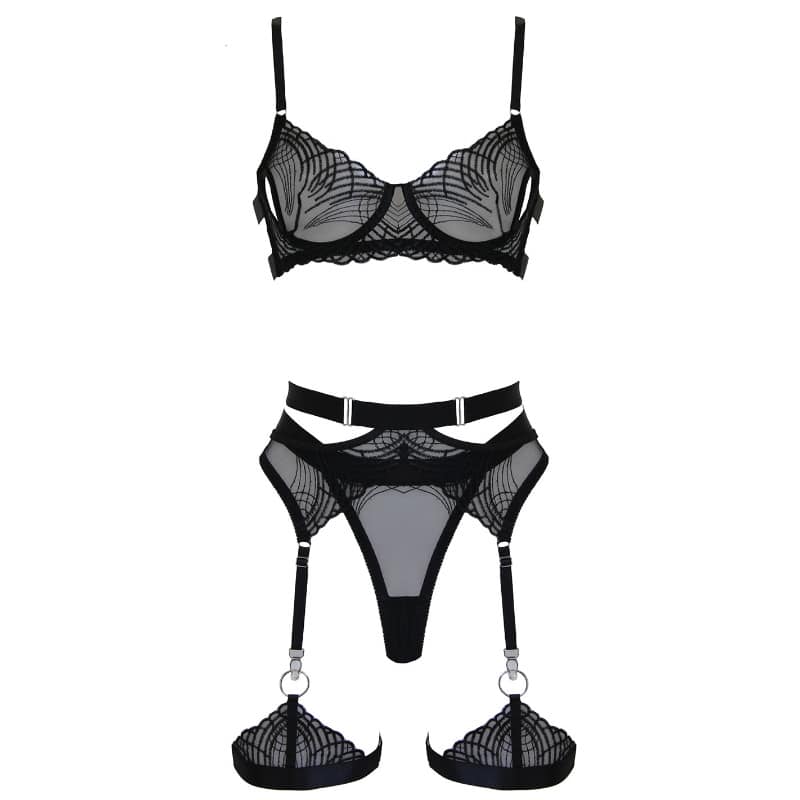 Muse Lingerie 5 Piece Bra, G-String, Garter Belt, Thigh Bands Lingerie Set Black Size S/M/L