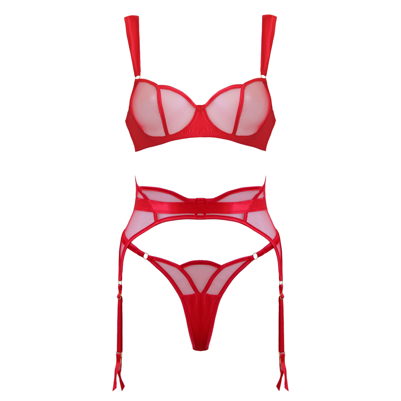 Muse Lingerie 3 Piece Sheer Mesh & Satin Lingerie Set Red Size S/M/L