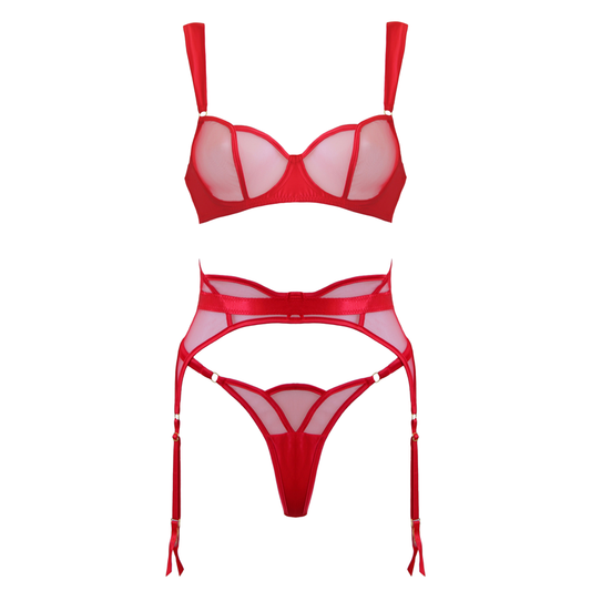 Muse Lingerie 3 Piece Sheer Mesh & Satin Lingerie Set Red Size S/M/L
