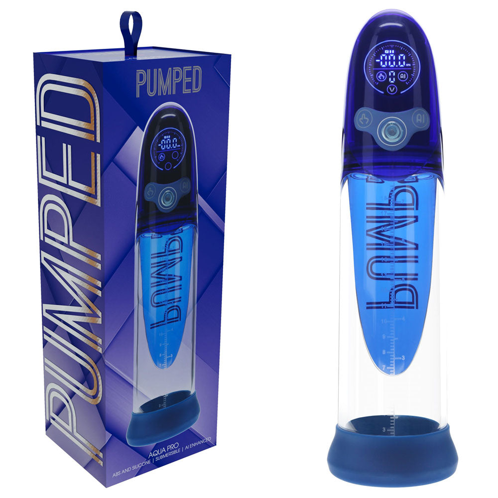 Shots Toys | PUMPED Aqua-Pro Auto Pump - Blue/Clear AI-Enabled Submersible Auto Penis Pump