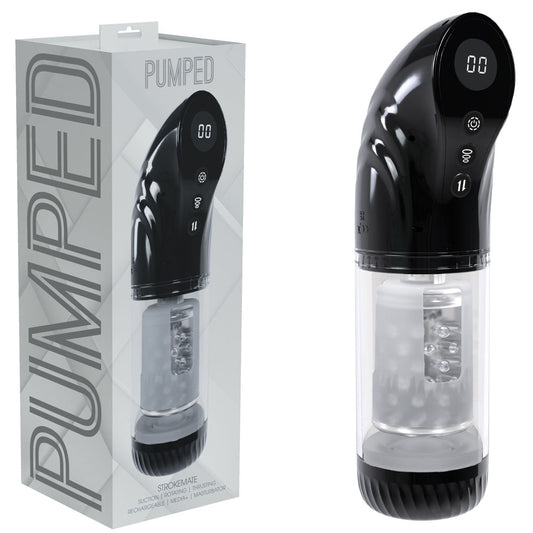 Shots Toys | PUMPED Strokemate - Black/Clear Sucking Rotating and Thrusting Auto Masturbator
