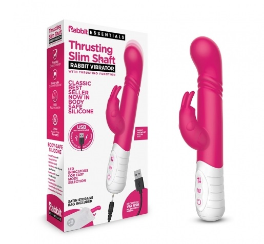 Rabbit Essentials Rechargeable Slim Shaft Thrusting G-Spot Rabbit Vibrator - Pink