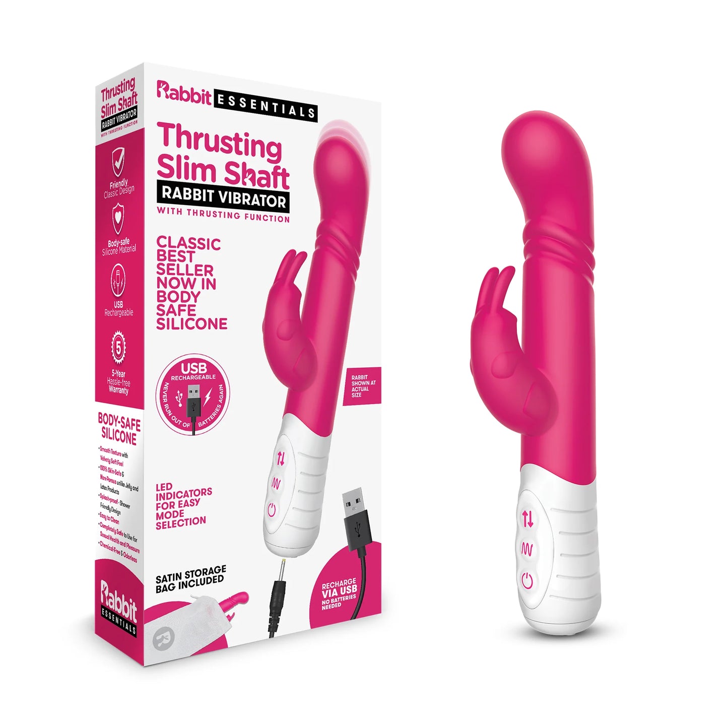 Rabbit Essentials Rechargeable Slim Shaft Thrusting G-Spot Rabbit Vibrator - Pink