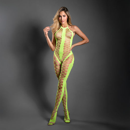 Fantasy Lingerie SHEER UNSTOPPABLE - Crotchless Rhinestone Knit Halter Bodystocking Neon Green One Size