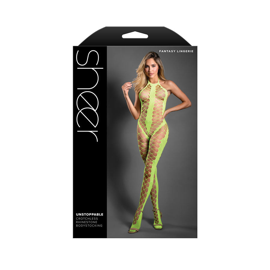 Fantasy Lingerie SHEER UNSTOPPABLE - Crotchless Rhinestone Knit Halter Bodystocking Neon Green One Size