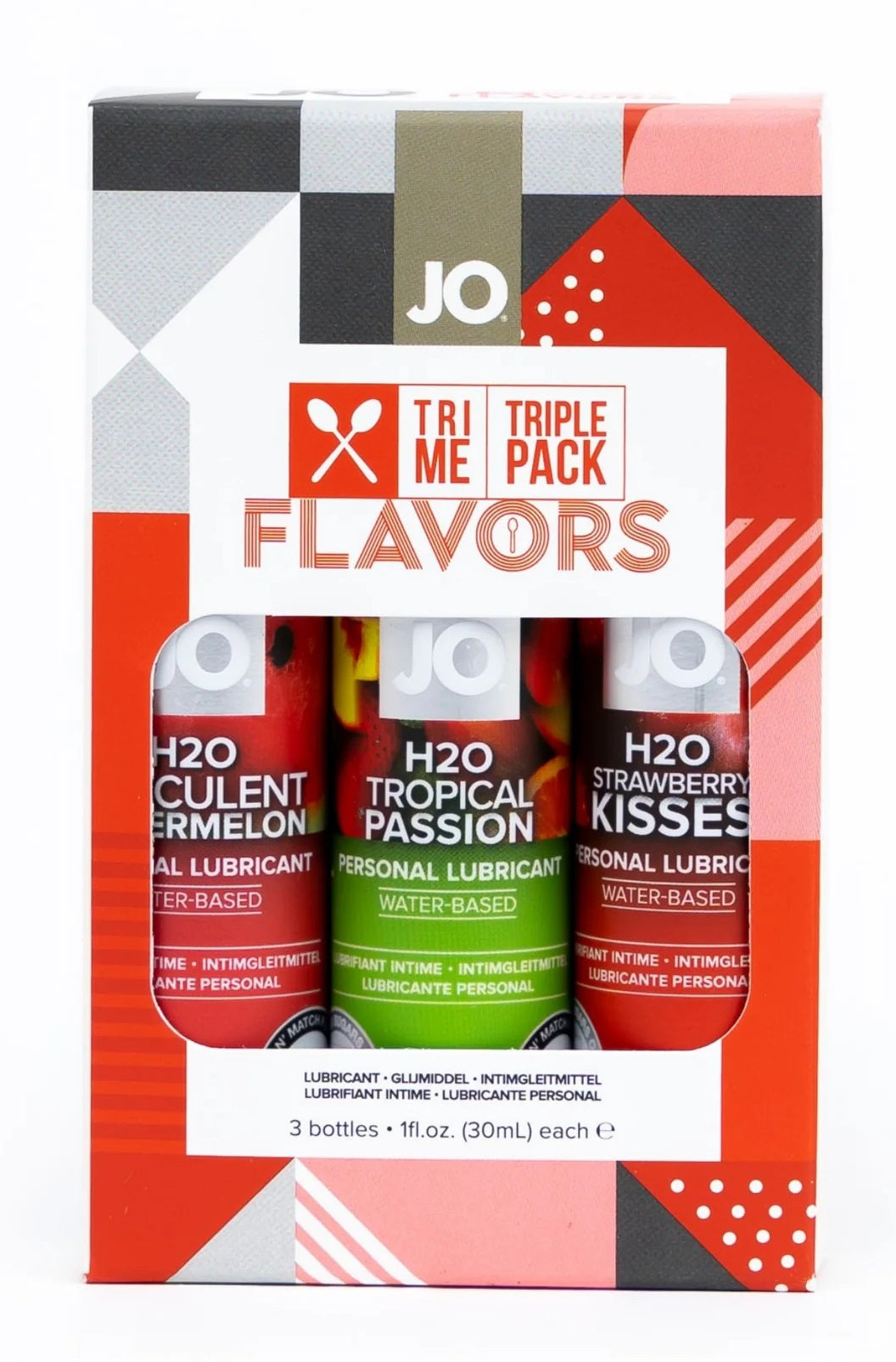 JO Tri Me Triple Pack Flavours Watermelon, Tropical Passion/Strawberry Lubricant - 3x30ml