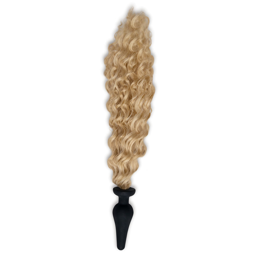 WhipSmart Furry Tales 4" Silicone Pony Tail Butt Plug - Black 10.1cm Butt Plug with Blonde Pony Tail