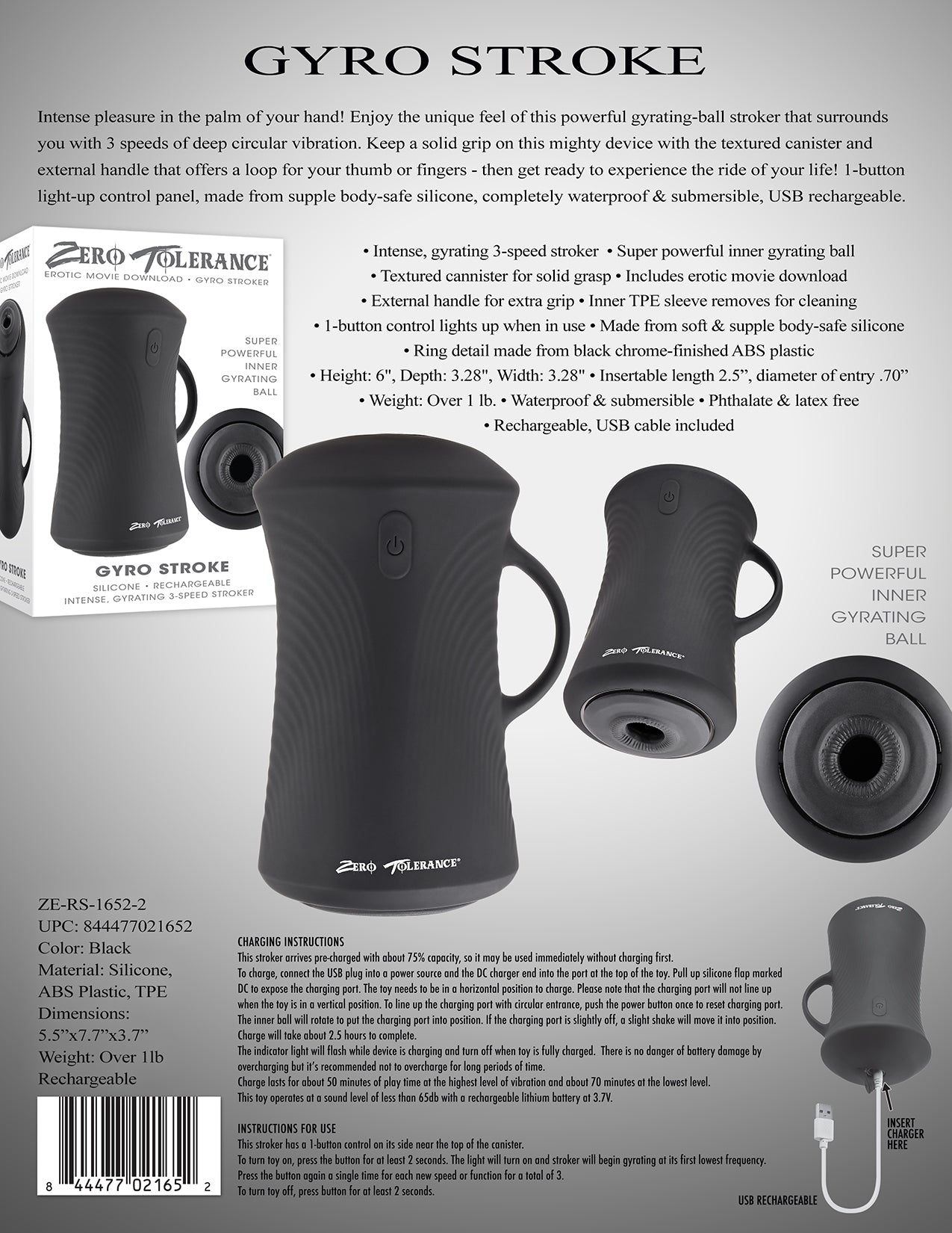 Zero Tolerance GYRO STROKE Black USB Rechargeable Powered Masturbator