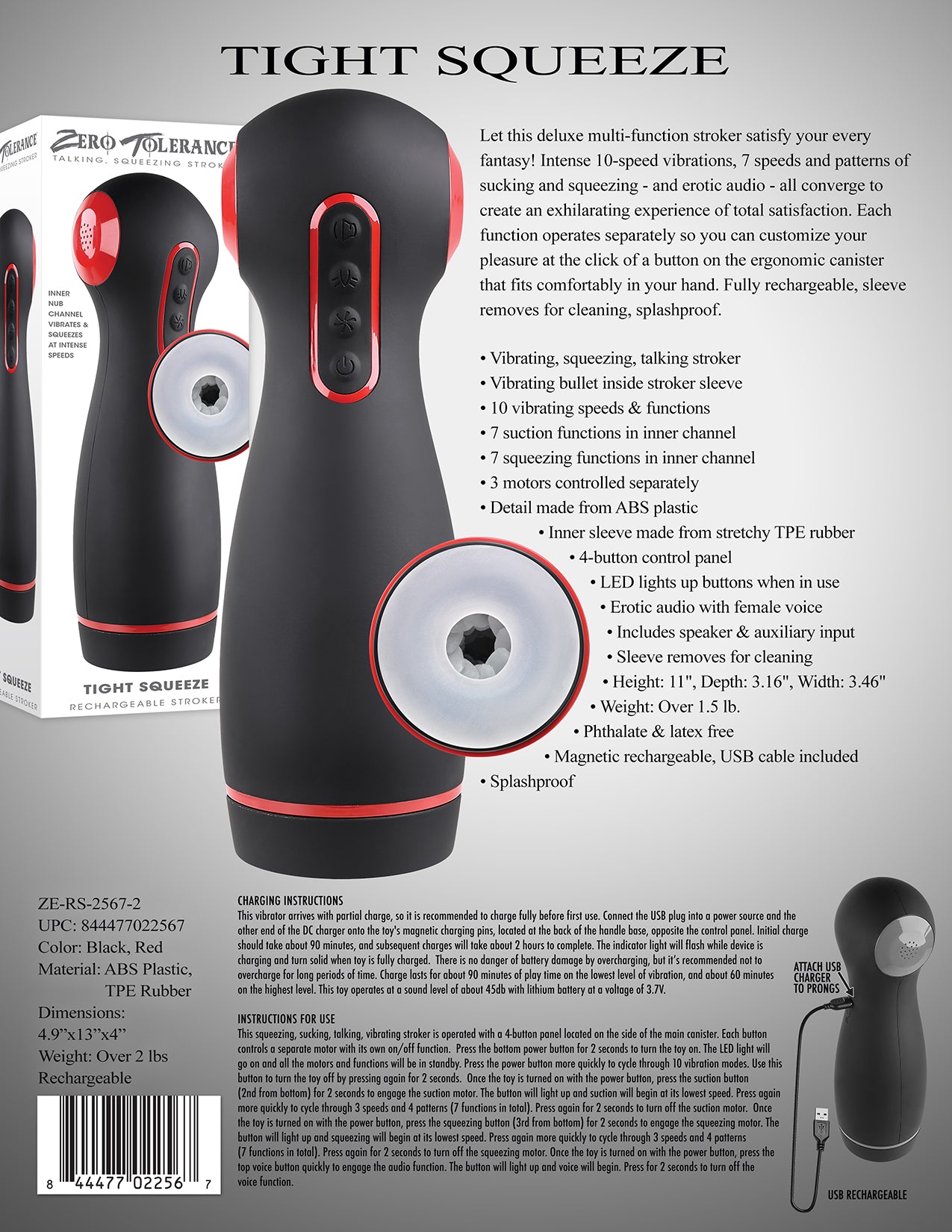 Zero Tolerance TIGHT SQUEEZE Rechargeable Vibrating Squeezing Talking Stroker