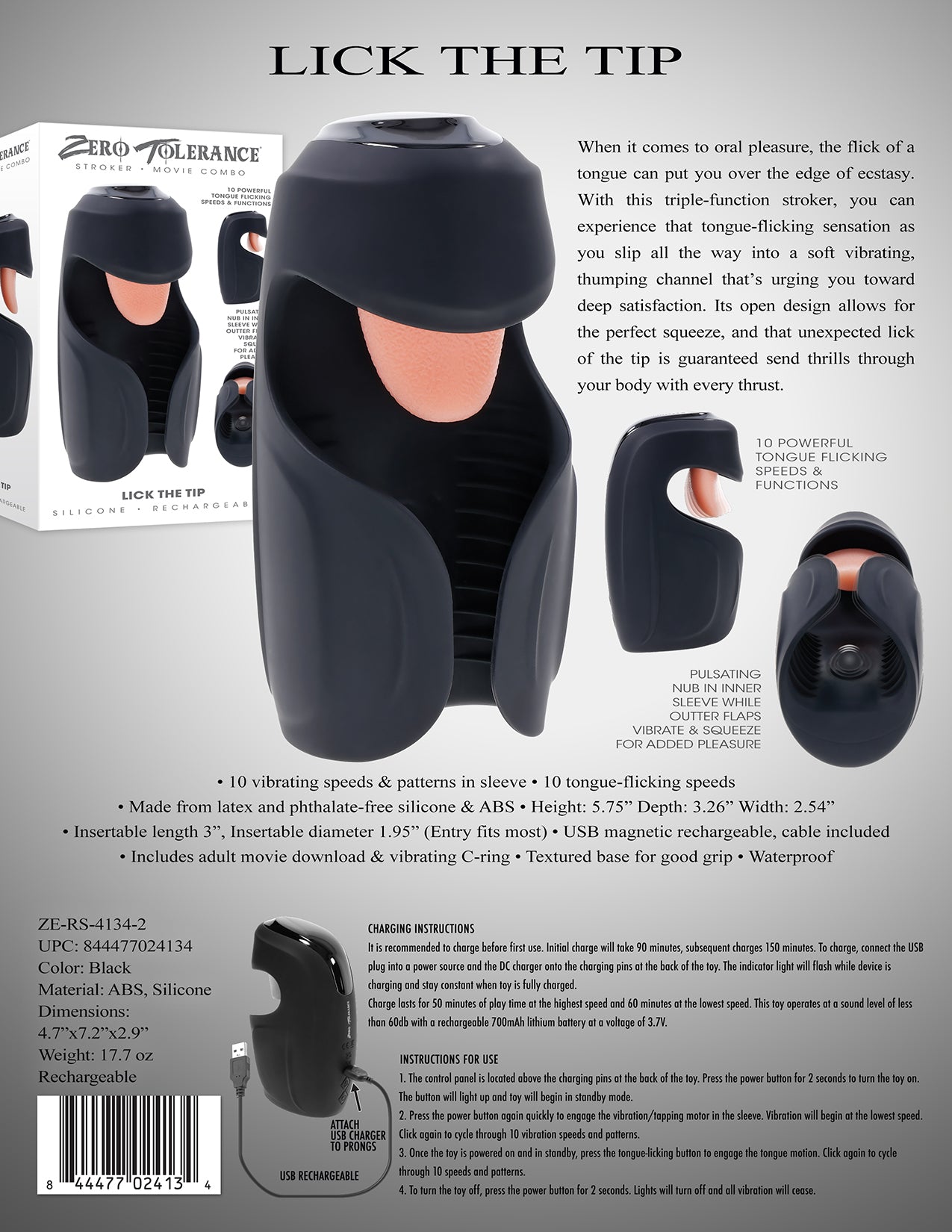 Zero Tolerance LICK THE TIP Black USB Rechargeable Vibrating & Flicking Masturbator