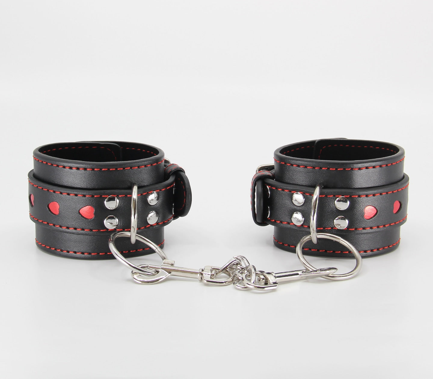 Love In Leather Black Faux Leather Wrist Cuffs With Red Metallic Heart