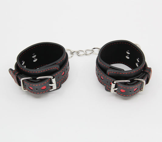 Love In Leather Black Faux Leather Wrist Cuffs With Red Metallic Heart