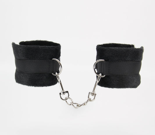 Love In Leather Plush Cuffs With Webbing Hook And Loop Closure And Detachable Chain Join