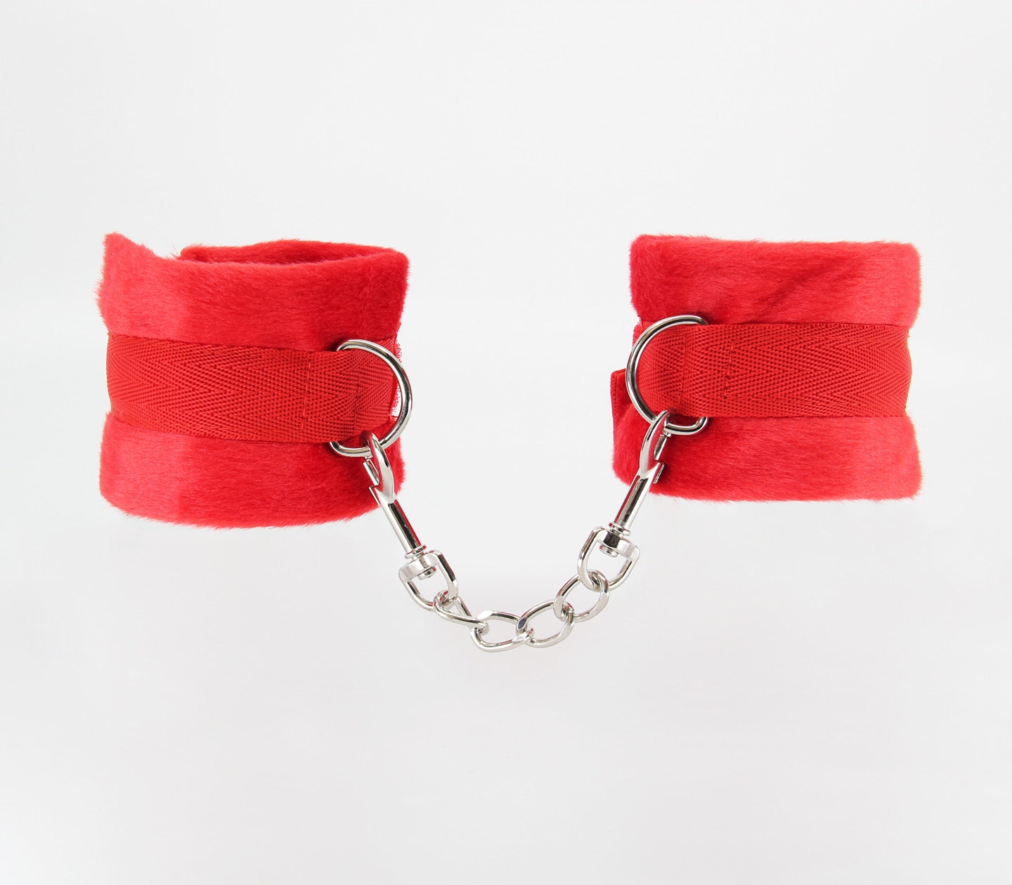 Love In Leather Plush Cuffs With Webbing Hook And Loop Closure And Detachable Chain Join