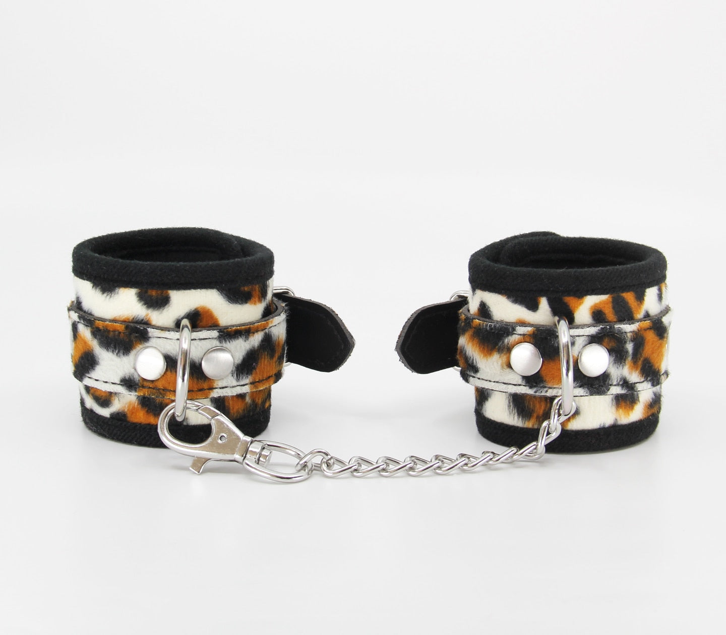 Love In Leather Furry Animal Print Wrist Restraints With Detachable Chain Join