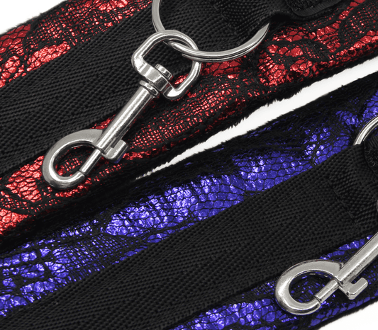 Love In Leather Bright Satin Wrist Cuffs Covered In Luxurious Lace