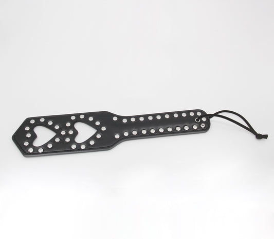 Love In Leather Faux Leather Paddle With Double Heart Cut Out And All-around Silver Stud Detail B-PAD11
