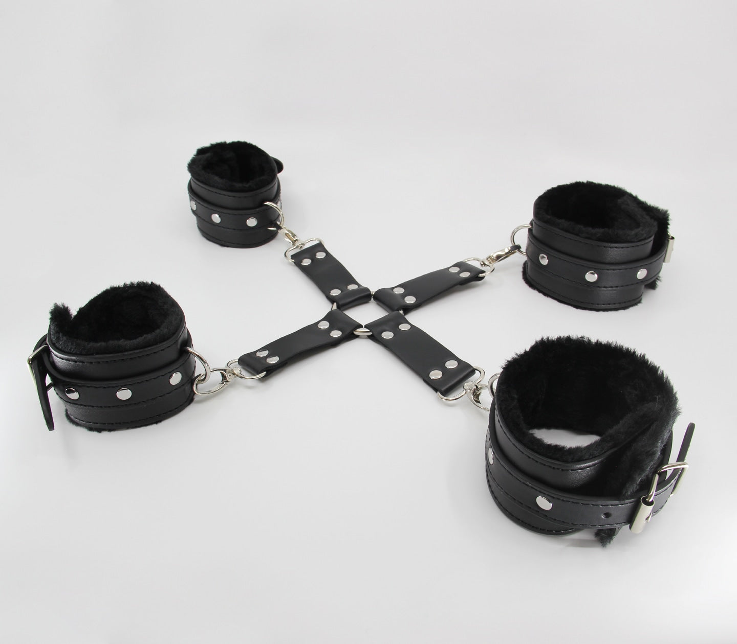 Love In Leather PU Hog Tie Shackle With Detachable Faux Fur Lined Ankle And Wrist Restraints