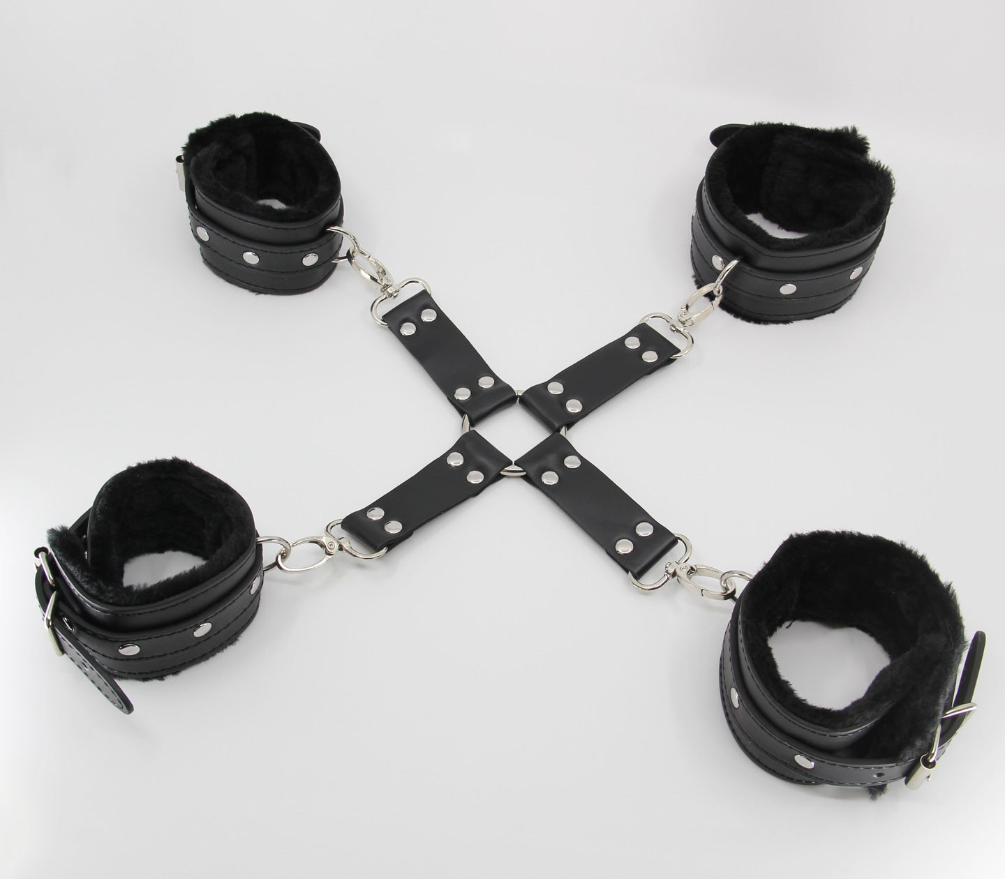 Love In Leather PU Hog Tie Shackle With Detachable Faux Fur Lined Ankle And Wrist Restraints