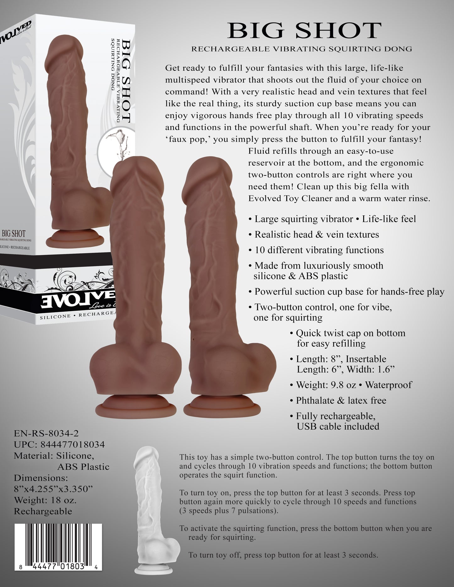 Evolved Big Shot - Brown 20.3cm (8") Squirting Dildo Vibrator