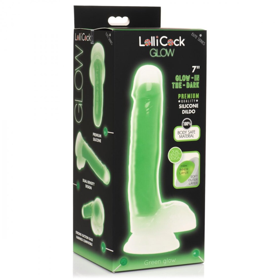 Curve Toys | LolliCock 7" inches Glow-In-The-Dark Silicone Dildo w Balls Green
