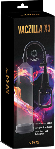La Viva Vaczilla X3 TPR Chamber Sleeve Penis Pump 7.9" Cylinder + Cock Ring