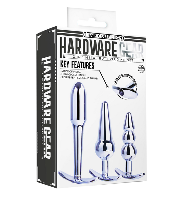 Excellent Power Hardware Gear - 3 in 1 Metal Butt Plug Kit Set (Chrome)