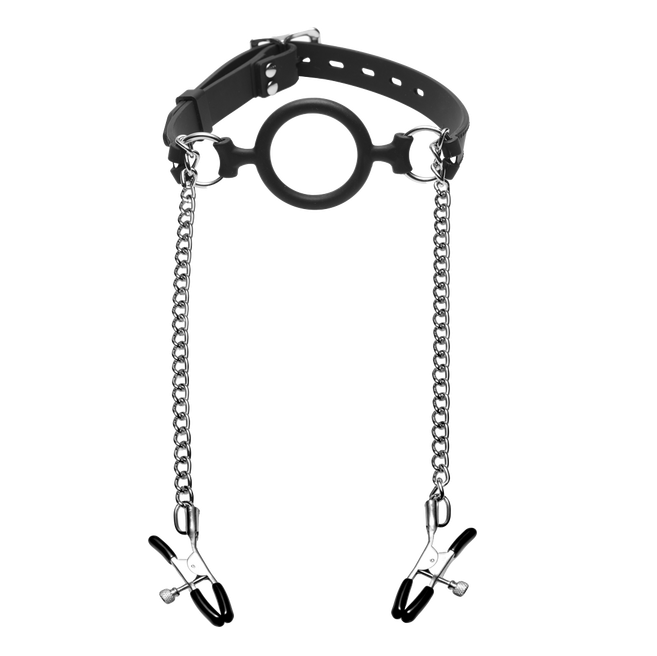 Master Series Mutiny Silicone O-Ring Gag With Nipple Clamps