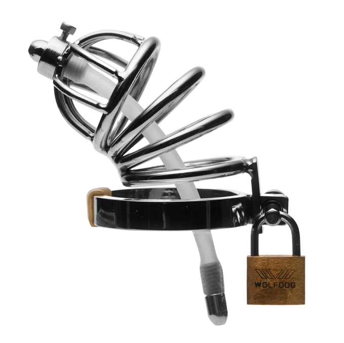 Master Series Stainless Steel Chastity Cage With Silicone Urethral Plug
